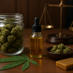 Jar of cannabis buds, a dropper bottle of oil, and a scale in the background on a wooden table