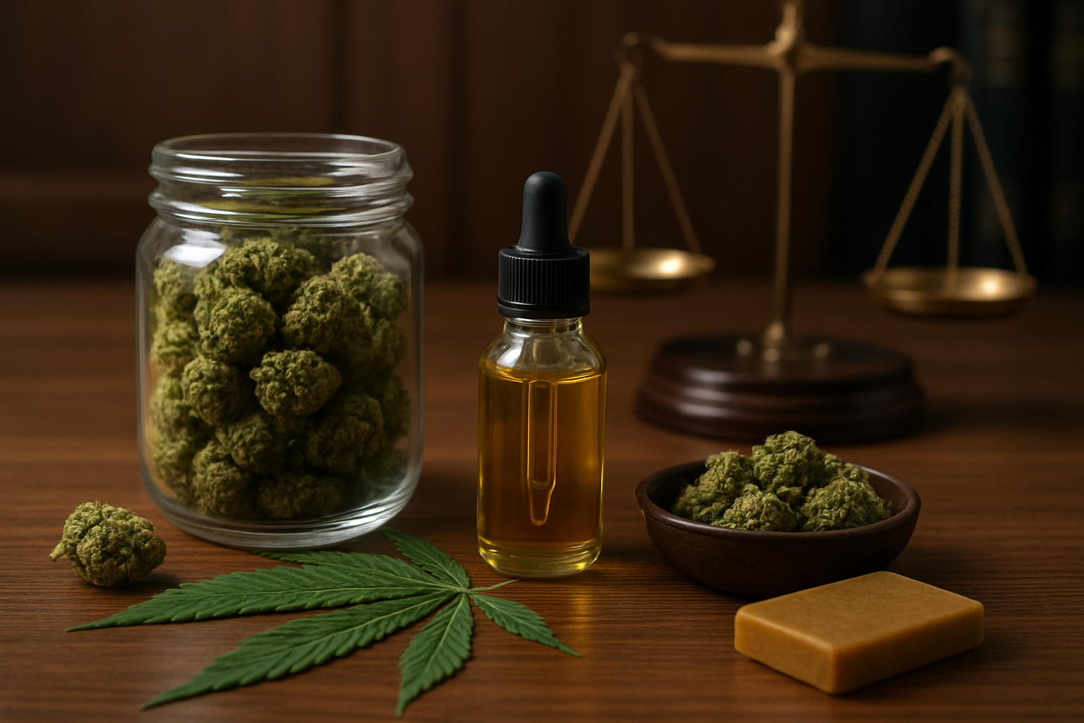 Jar of cannabis buds, a dropper bottle of oil, and a scale in the background on a wooden table