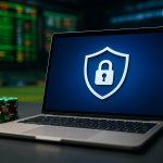 Laptop displaying a shield with a lock symbol in a casino setting.