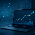 Laptop displaying stock market graphs on a digital background