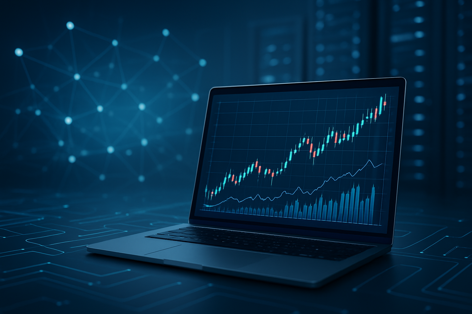 Laptop displaying stock market graphs on a digital background